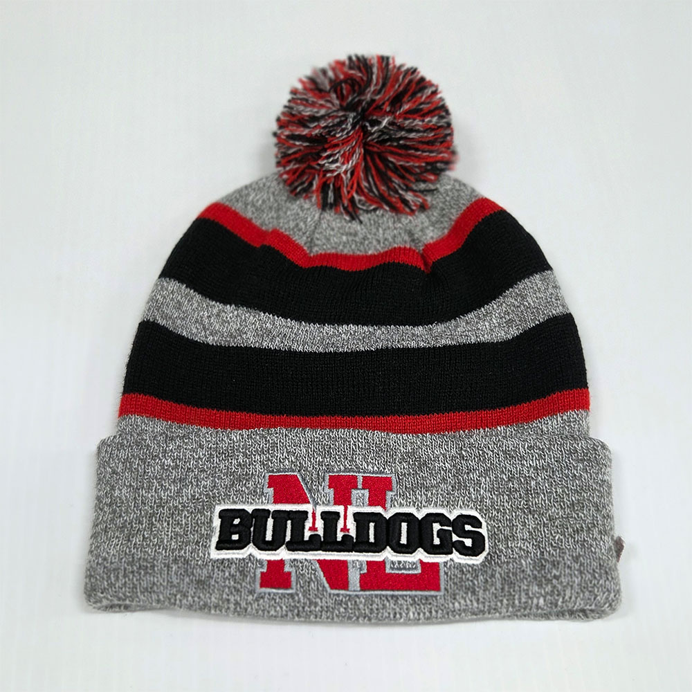 Heather/Black/Red - 641K New London Bulldog Embroidered Pom Beanie